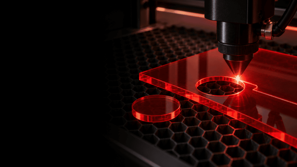 CO₂ laser processing transparent red cast acrylic on a honeycomb bed